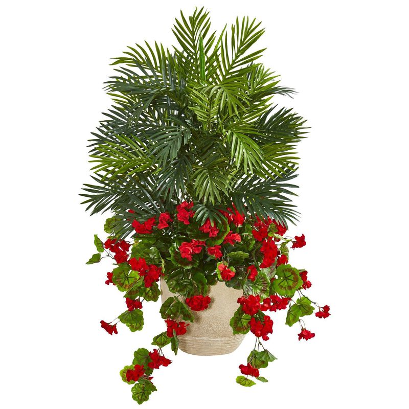 Nearly Natural 3.5-in Geranium & Areca Palm Artificial Plant image number 1