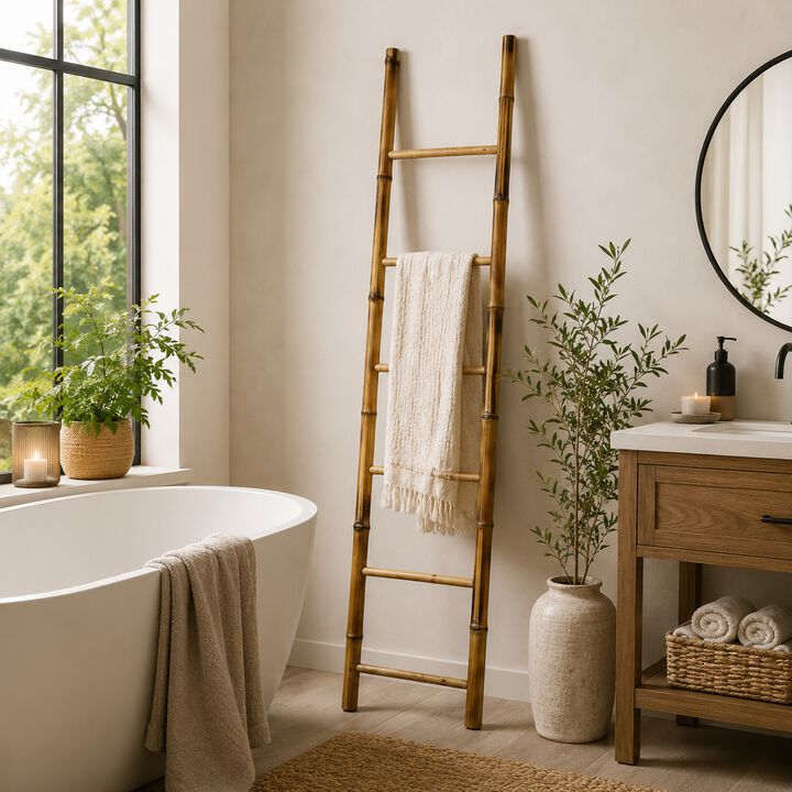 Natural Bamboo Ladder, Decorative and Utility Leaning Rack, 86 Inch Brown