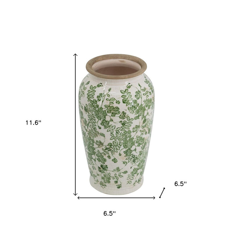 HomeRoots 12" Green And White Leaf Ceramic Round Table Vase image number 6