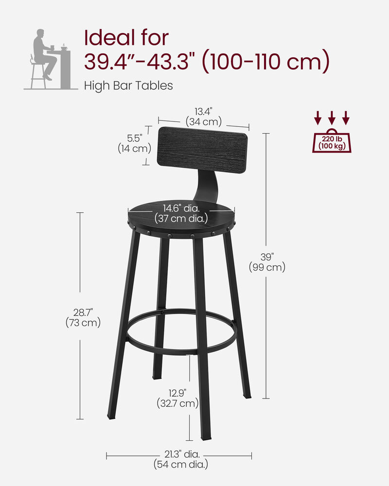 Set of 2 Tall Bar Stools with Backrest &ndash; Heavy-Duty Steel Frame for Kitchen