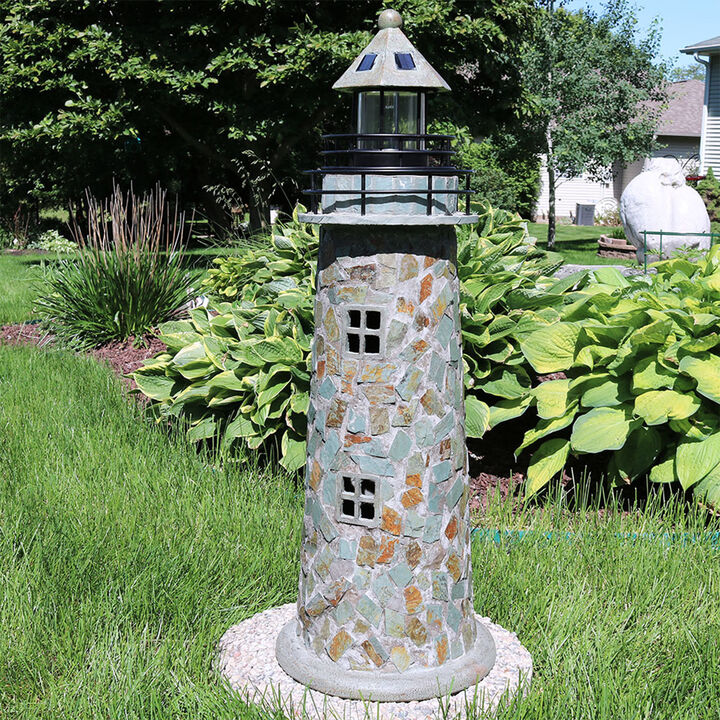 Sunnydaze 25 in Resin and Cobblestone Solar LED Lighthouse Nautical Statue