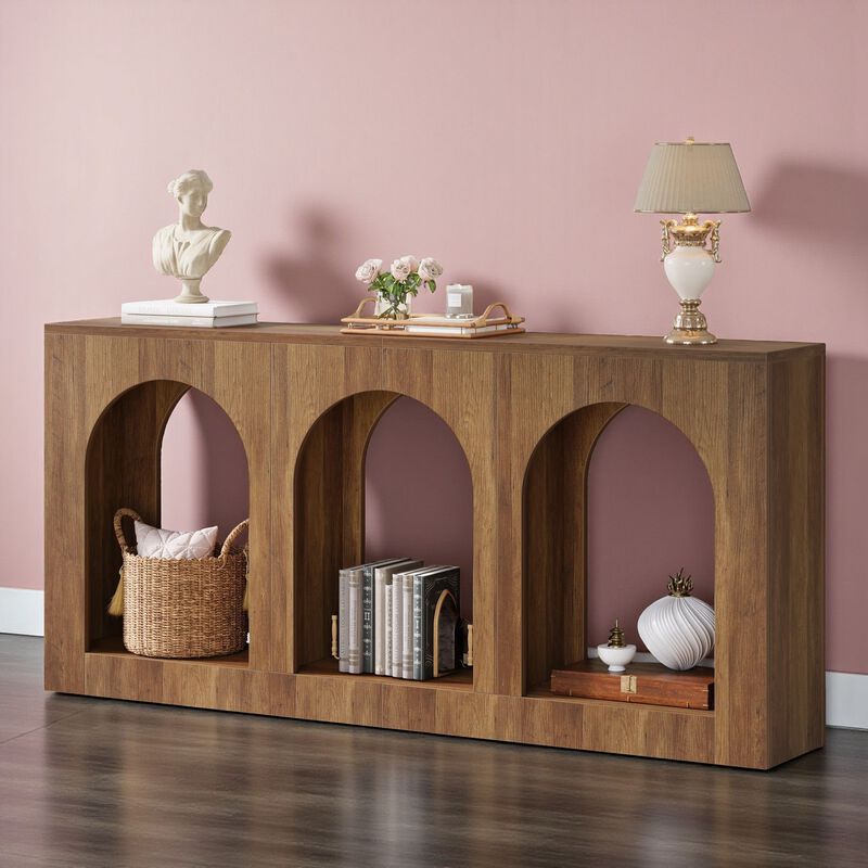 70.8 Inch Arched Console Table, Wood Entryway Table with 3-Tier Arched Shelves