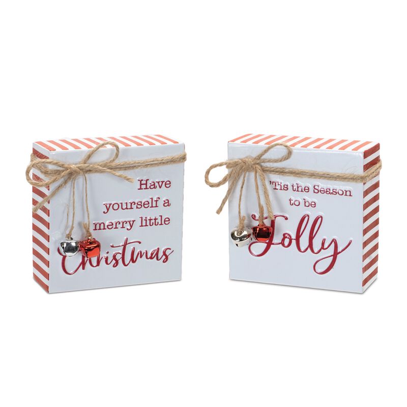 Metal Christmas Sentiment Sign with Bell Accents – Set of 2 Holiday Wall or Door Decorations with Festive Sayings