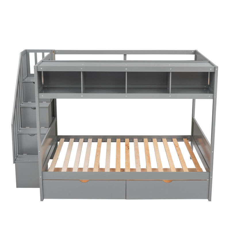 Whisen Twin over Full Bunk Bed with Shelfs, Storage Staircase and 2 Drawers- White