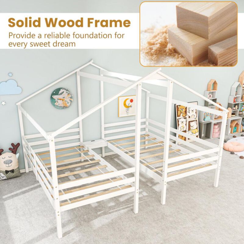 Hivvago Double Twin Size Wooden Bed Frames with Built-in Table for Kids
