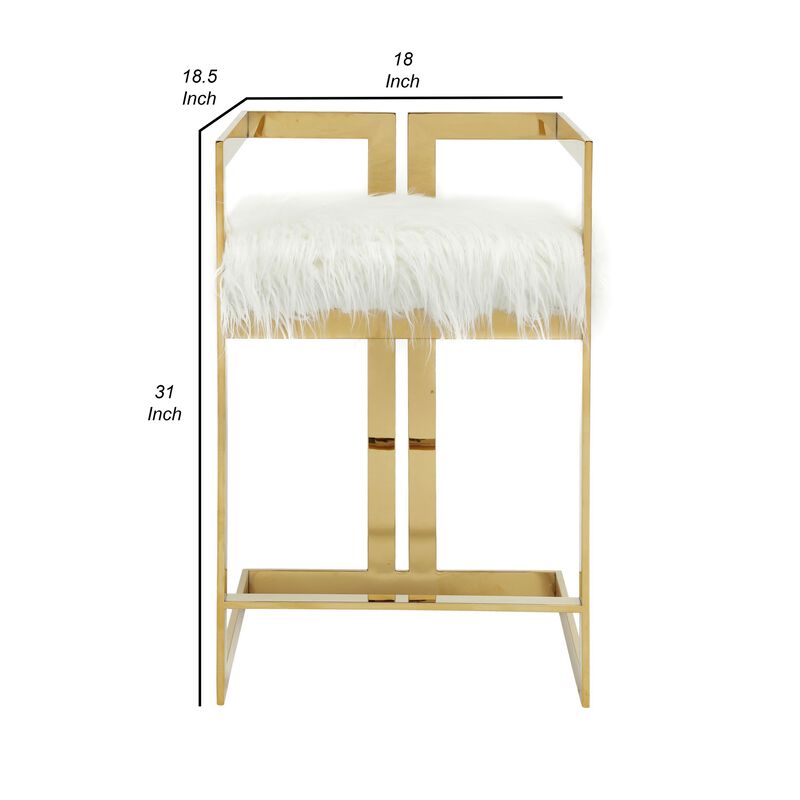 Suki 26 Inch Counter Height Chair, White Faux Fur, Gold Cantilever Base - Benzara