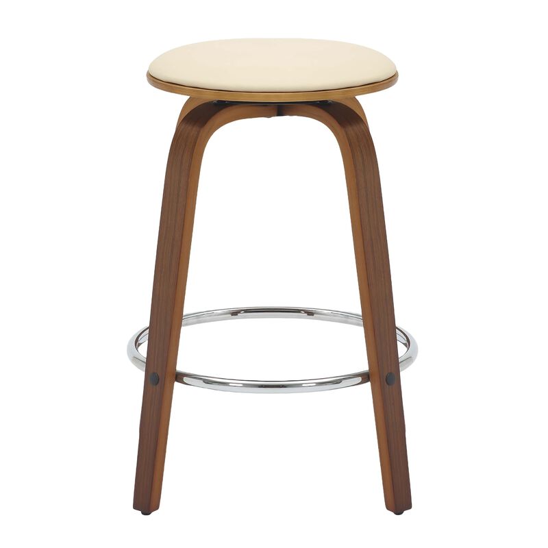 LeisureMod Counter Stool Upholstered in Leather with Stained Poplar Wood Frame & Chrome Iron Footrest with 360-Degree Swivel for Modern Home, Kitchen, Bars, Cafes Pelya Collection