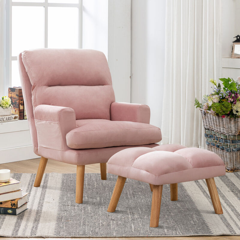 Contemporary Elegance Accent Chair with Footrest, For Relaxing, Arm Rest, Wood, Pink