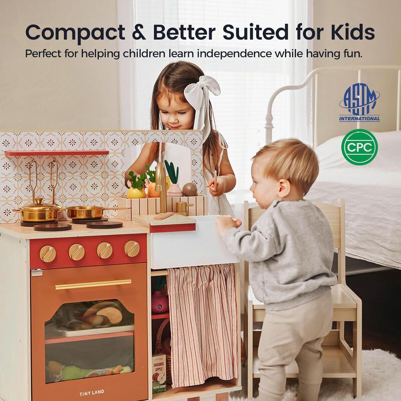 Mediterranean Play Kitchen for Toddlers - Wooden Kids Kitchen Playset with Cutting Food & Cookware, Oven, Stove, Sink, Built-In Storage image number 6