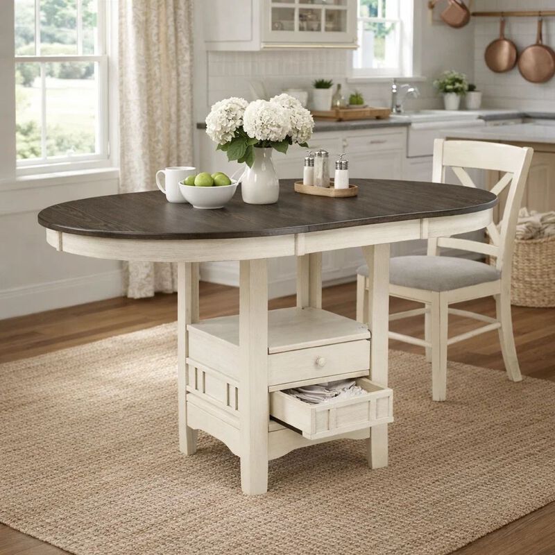 Glee 42-60 Inch Extendable Counter Height Table, Antique White and Brown image number 8