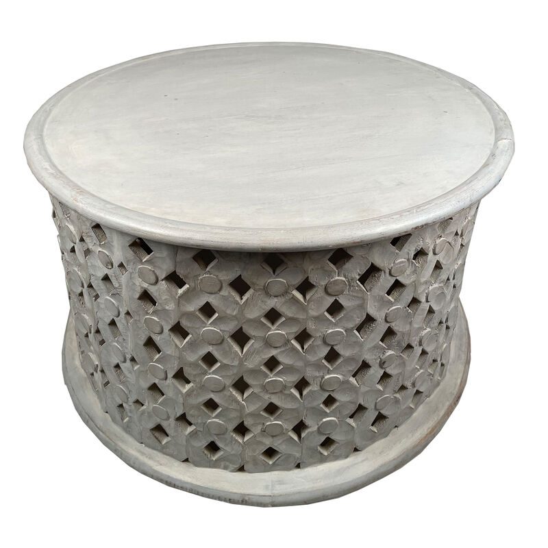 Cato 28 Inch Artisanal Round Mango Wood Coffee Table, Intricate Diamond Lattice Cut Out Frame, Washed White