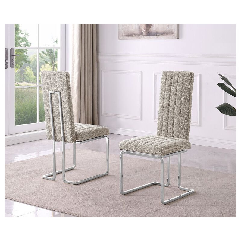 Gray Boucle Fabric Silver Chrome Base Tall Back Rest Dining Chairs (Set Of 2)