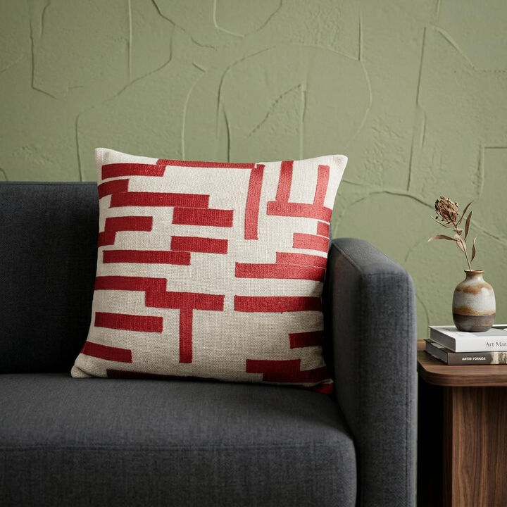 HomeRoots 24" Red and Ivory Geometric Cotton Blend Throw Pillow With Embroidery