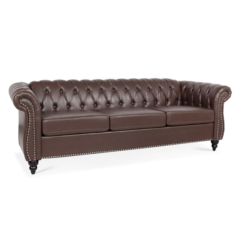 Dark Brown PU Rolled Arm Chesterfield Three Seater Sofa