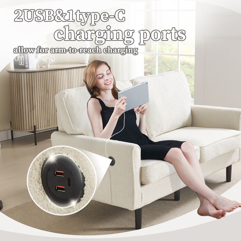 TATEUS Mid Century Modern Loveseat - 2 Seater Comfy Sofa Couch with USB Port & Removable Pillow Cover for Living Room/Bedroom