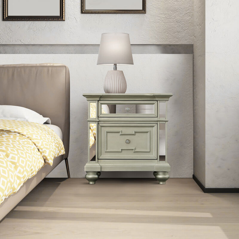 28 Inch Bedside Nightstand, 2 Drawers, Mirror Panels, Crystal Acrylic Knobs, Silver-Benzara
