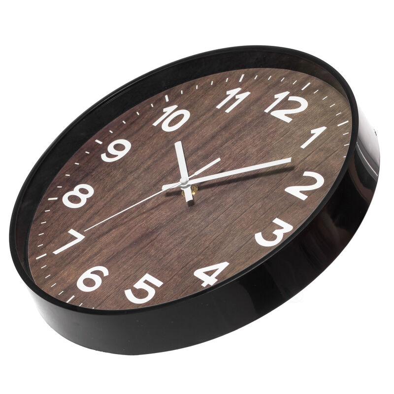 Decorative Modern Round Wood- Looking Plastic Wall Clock for Living Room, Kitchen, or Dining Room, Brown