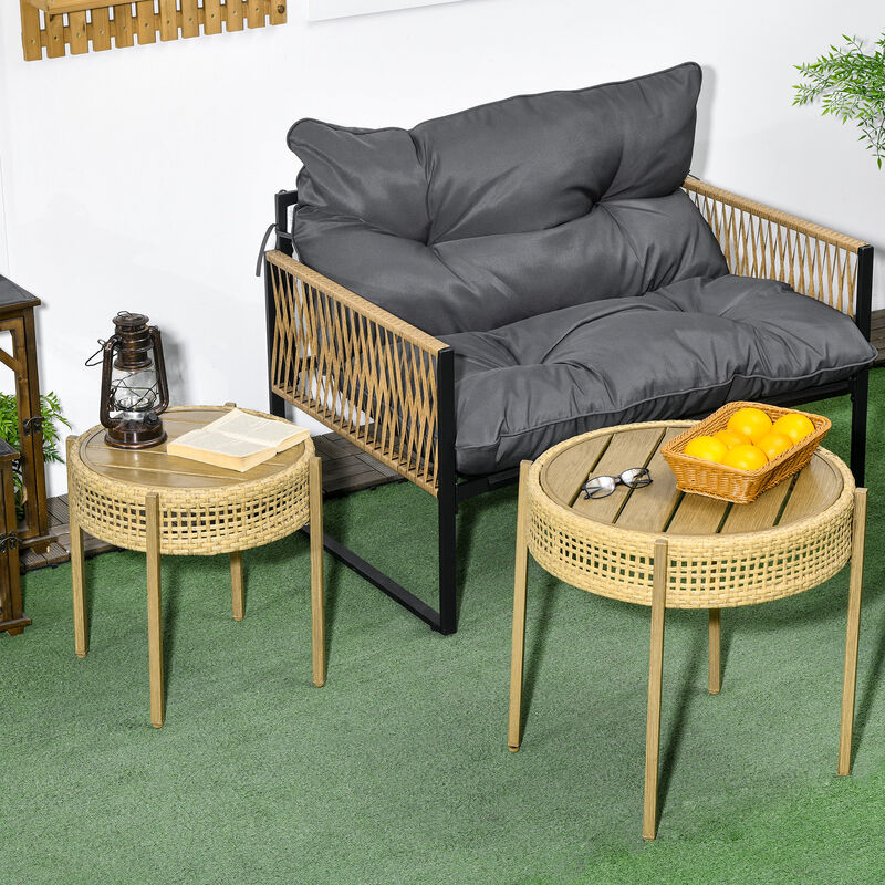 Outsunny Wicker Patio Table Set, PE Rattan End Table Set, Brown