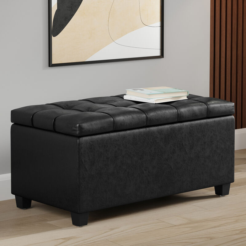 Sienna 33 inch Wide Transitional Rectangle Storage Ottoman Bench in Distressed Black Vegan Faux Leather, Assembled