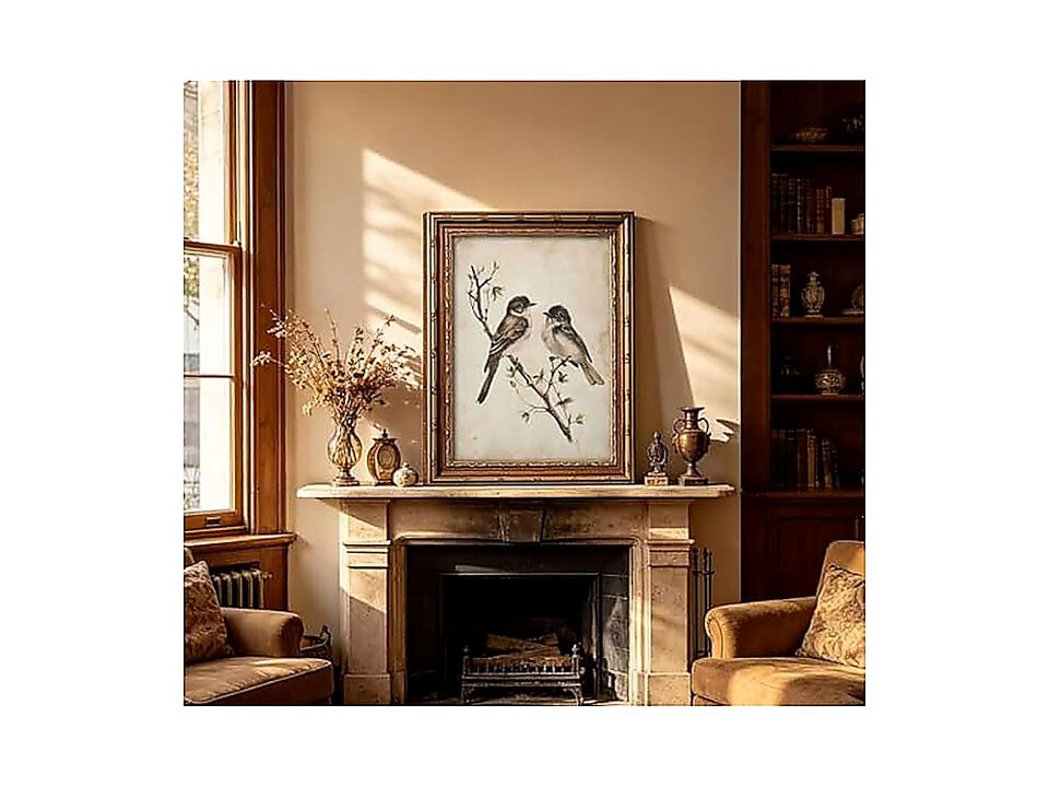 Vintage Gold Framed Bird Wall Art Birds In Love Branch Canvas Minimalist Antique