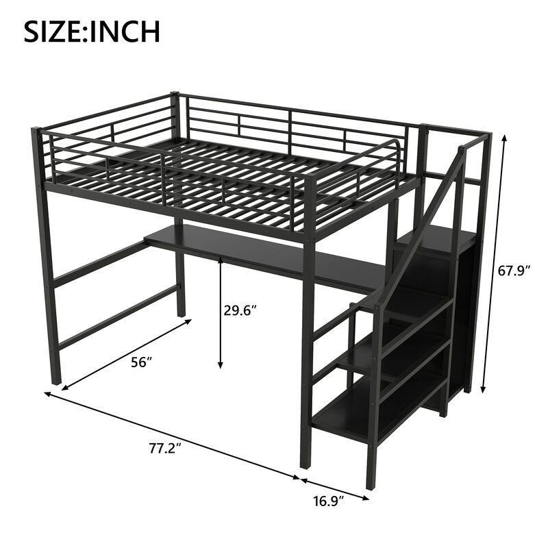 Merax Metal Loft Bed with Desk, Storage Staircase, Small Wardrobe and LED Light,Black
