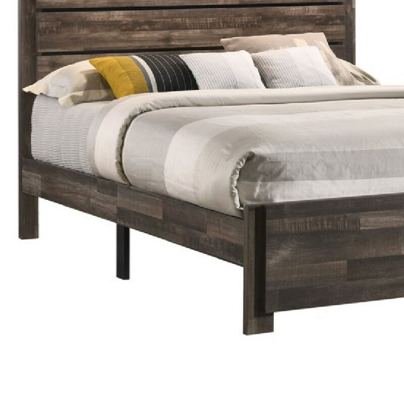 Queen Bed with Rustic Heavy Grain Details and 2 Attached Lanterns, Brown - Benzara