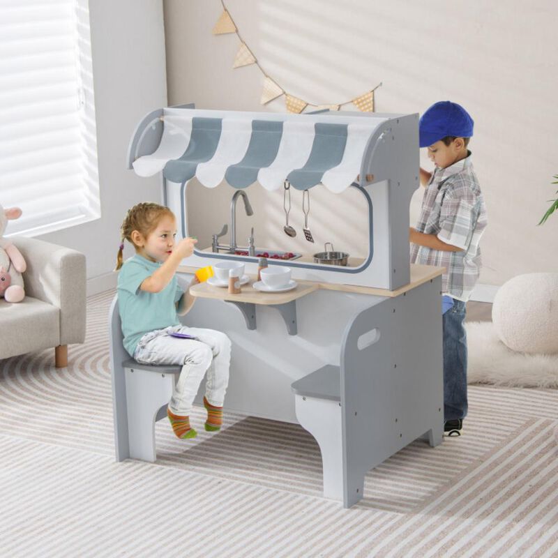 Hivvago Double Sided Kids Pretend Kitchen Playset with 2-Seat Cafe