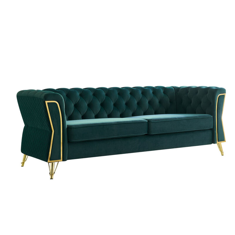 Modern Tufted Velvet Sofa 87.4 inch for Living Room Green Color image number 5