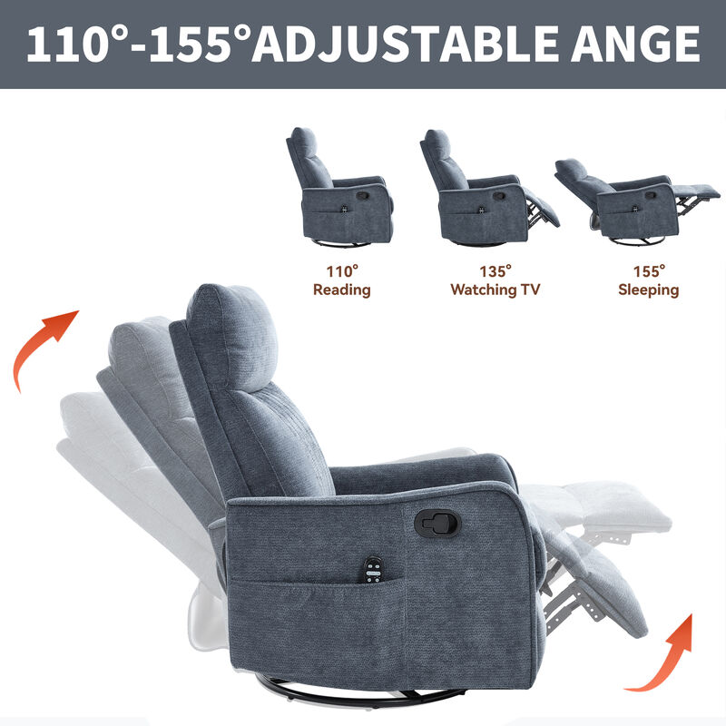 Heat Massage Manual Recliner Chair with Rocker and Swivel in Fabric for Living Room image number 7