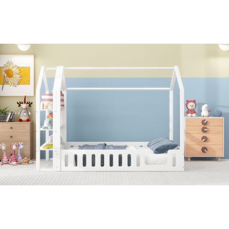 Full Size Wood House Bed with Fence and Detachable Storage Shelves, White