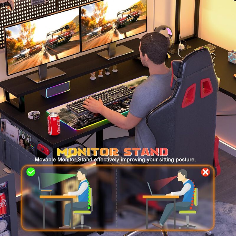 ShipItFurniture Compact Black L-Shaped Desk with Power Outlets and Monitor Stand image number 4