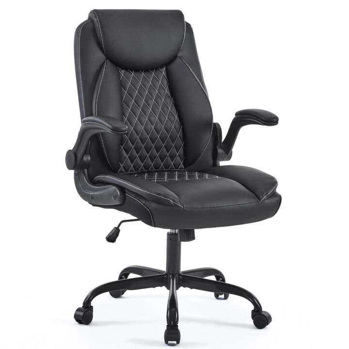 Ergonomic Leather Office Chair with Flip-Up Armrests, Lumbar Support, Swivel & Rocking &ndash; Home Office Desk Chair