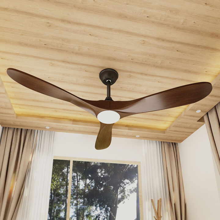 60 in. Integrated LED Indoor Brown Wood Ceiling Fan with Light Kit, 3 Wood Blades, Remote Control, 6-Speed Adjustable