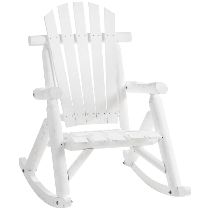 Wooden Adirondack Rocking Chair, Outdoor Rustic Log Rocker with Slatted Design for Patio, White