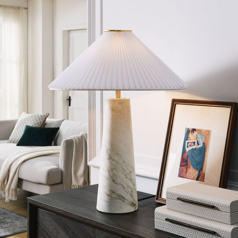 Modway Nera Table Lamp with Marble Pattern in White &ndash; Modern Accent Lamp with Pleated Fabric Shade and Matte Brushed Metal Plate &ndash; Ambient Lighting for Living Room, Bedroom, Entryway image number 9