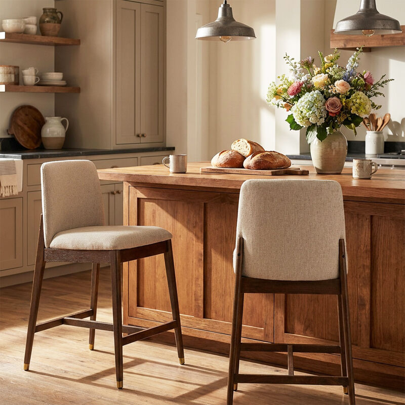 Christopher Knight Home Alexandra Farmhouse Rubberwood Upholstered Counter Stools with Curved Backrest (Set of 2) image number 1
