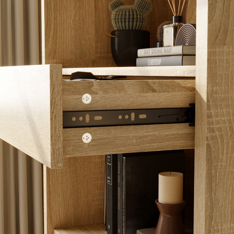 FUFU&GAGA Modern Display Shelf with Hidden Storage Drawers, 4-Tier Open Shelving Unit, Arched Painted Top & Wood Grain Finish, (31.4 in. W x 16.5 in. D x 70.1 in. H), Wood Look