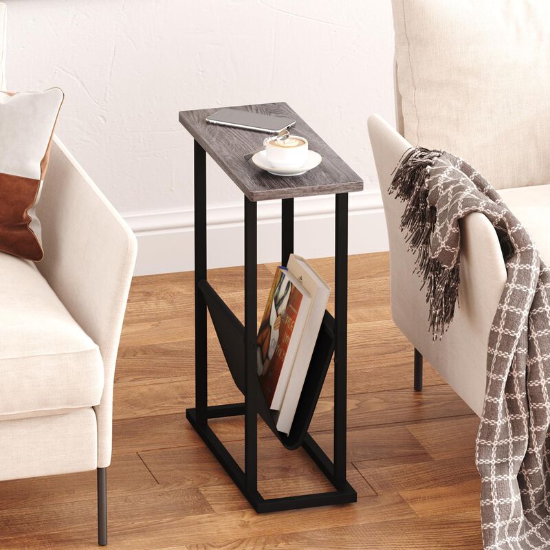 Yusong Narrow Side Table for Small Spaces, Small End Table with Magazine Holder Table, Skinny Slim Little Thin Table for Living