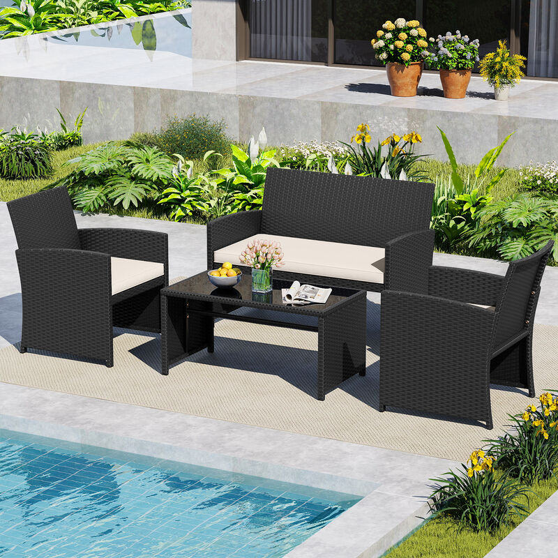 Outdoor 4 Piece Patio Furniture Set with Removable Cushions and Tempered Glass Table Top image number 1