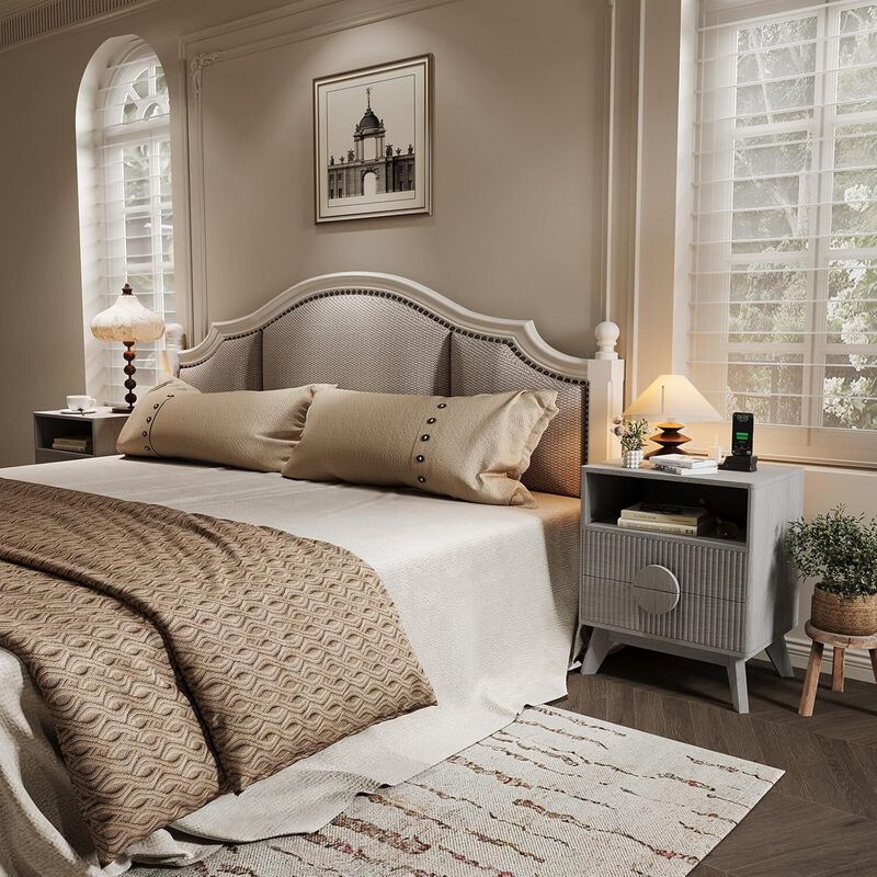 2pcs Modern Fluted Night Stand, Bedroom Nightstand with USB Charging Station, Wood Fluted Bedside Table with 2 Drawers, Natural Oak image number 2