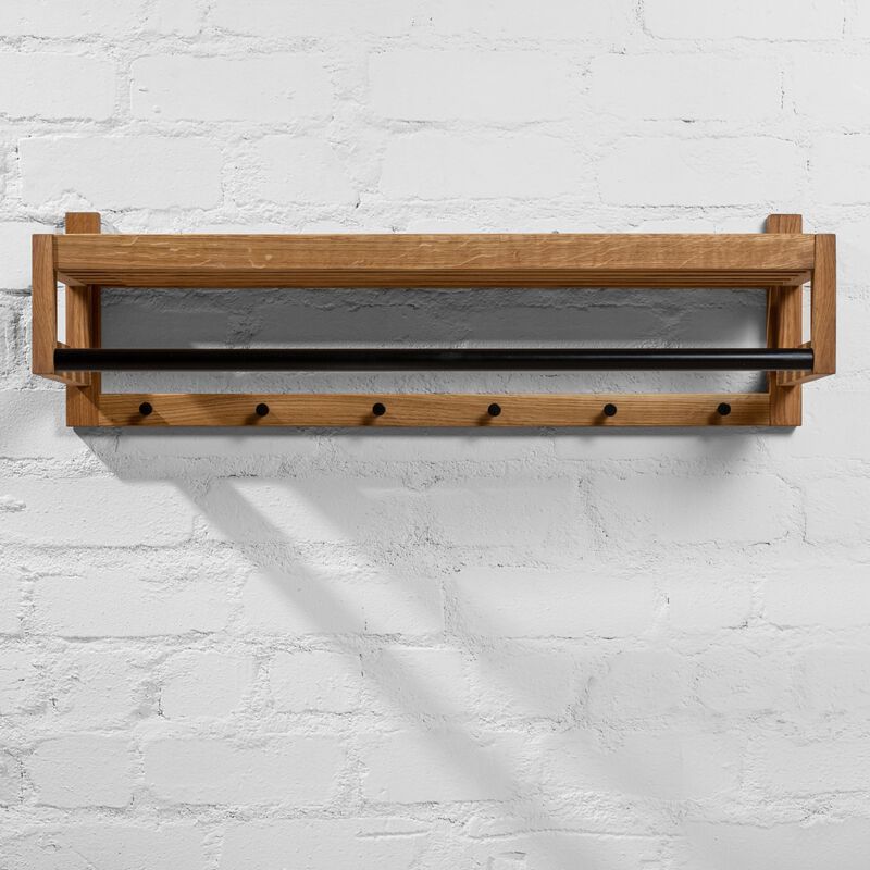 Oak Hardwood Floating Coat Rack - Wall Mounted with Shelf, Black Metal Rail and 5 Hooks