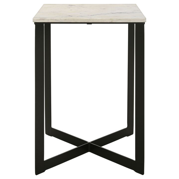 Sovi 24 Inch Side End Table, Square Marble Top, Black Metal Frame, White