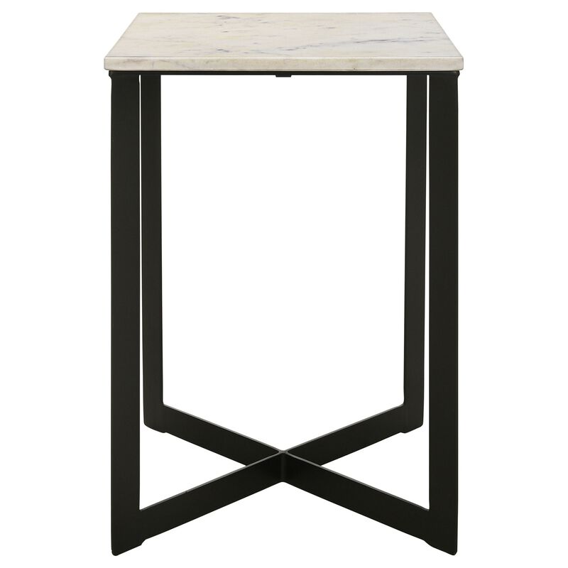 Sovi 24 Inch Side End Table, Square Marble Top, Black Metal Frame, White image number 1