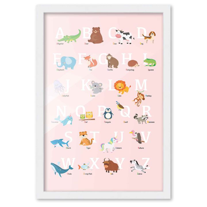 12x18 Framed Nursery Wall Art Pink Animal ABC Poster In White Wood Frame For Kid Bedroom or Playroom