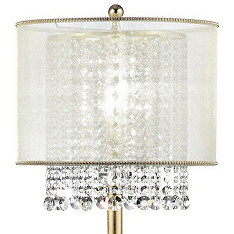 Floor Lamp with Hanging Crystal Accents, White and Gold - Benzara