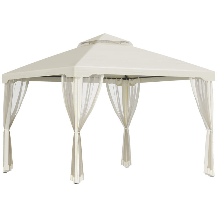 Outsunny 10' x 12' Patio Gazebo Outdoor Canopy Shelter with 2-Tier Roof and Netting, Steel Frame for Garden, Lawn, Backyard and Deck, Cream White
