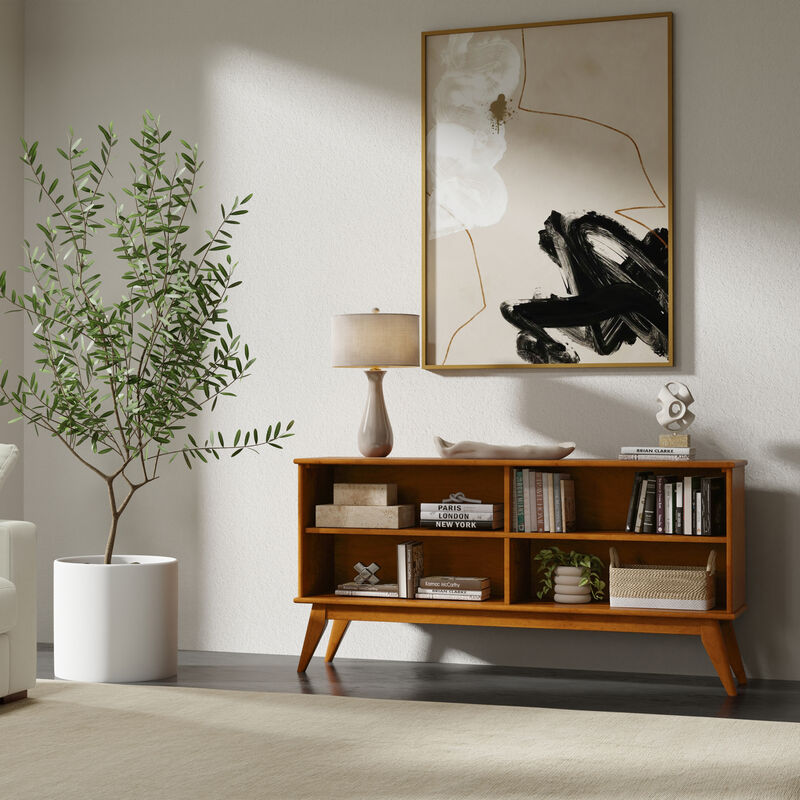 Draper SOLID HARDWOOD 30 inch x 64 inch Mid Century Modern Low Bookcase in Teak Brown