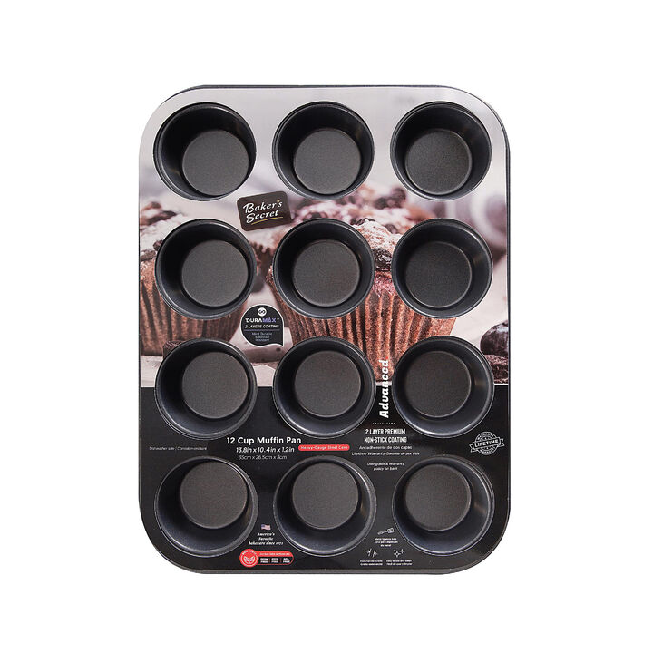 Baker's Secret 12 Cup Muffin Pan, Cupcake Pan, Non-stick coating 2x Layers, Heavy Gauge Carbon Steel, Dark Gray Advanced Collection