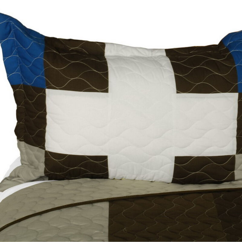 Geometric Patchwork Quilt Set Queen Size with Vermicelli Quilted Design-Grey image number 4