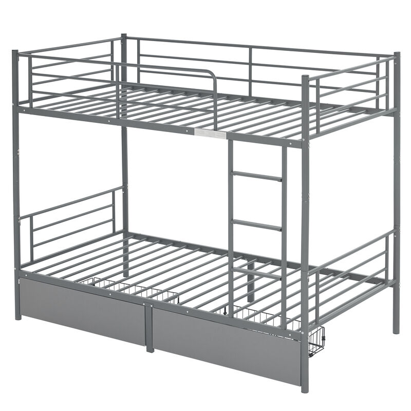 Space-Saving Convertible Bunk Bed with Metal Frame and Two Drawers